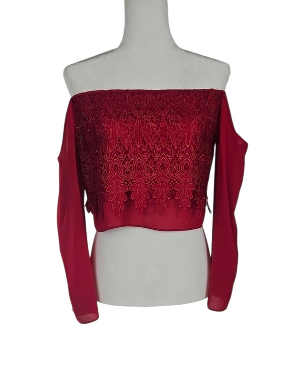 Y2K Cotton Candy Wine Burgundy Red Lace Cold Shoulder Blouse Top Romantic, S
